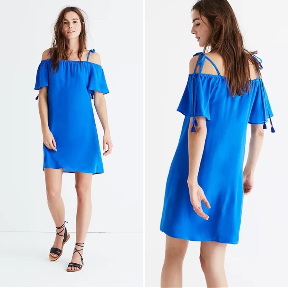 Madewell 100% Silk Royal Blue Cold Shoulder Tie Dress Size Medium